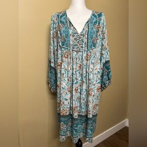 Floral Bohemian Dress in Teal and Brown